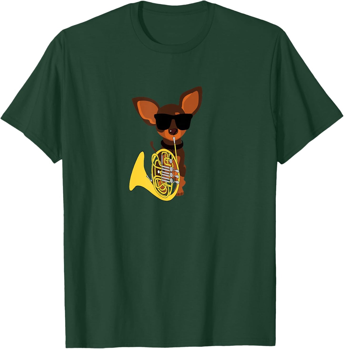 Funny Dog Wearing Sunglasses Playing French Horn Women Kids T-Shirt - T-Shirt | Forest