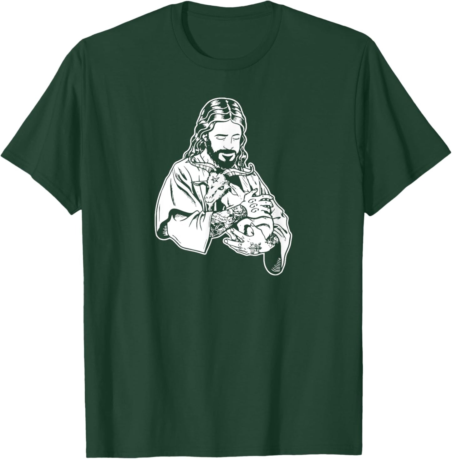 Jesus Holding Goat Baphomet Occult Satanic Tattooed Jesus T-Shirt - T-Shirt | Forest