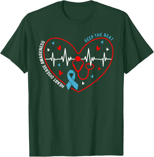 Heart Disease Awareness Heartbeat Survivor Warrior Support T-Shirt - T-Shirt | Forest