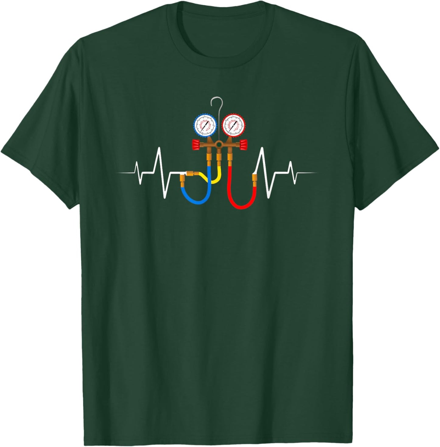 HVAC Technician AC Manifold Gauge EKG Heartbeat T-Shirt - T-Shirt | Forest