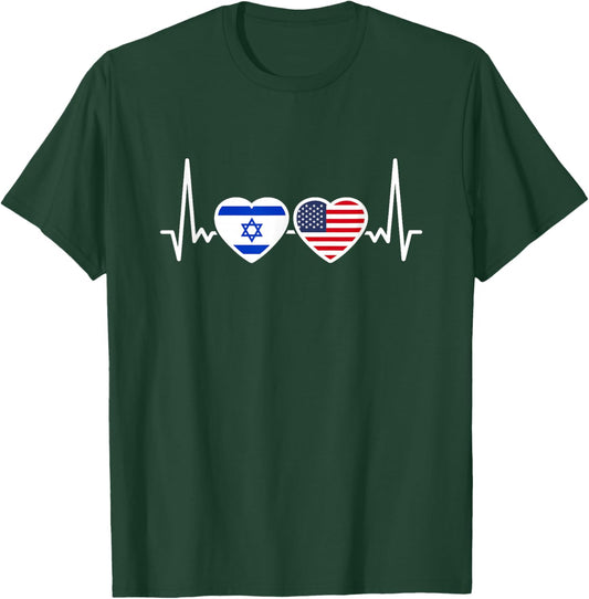 Israel USA Heartbeat Flag American Israeli T-Shirt - T-Shirt | Forest