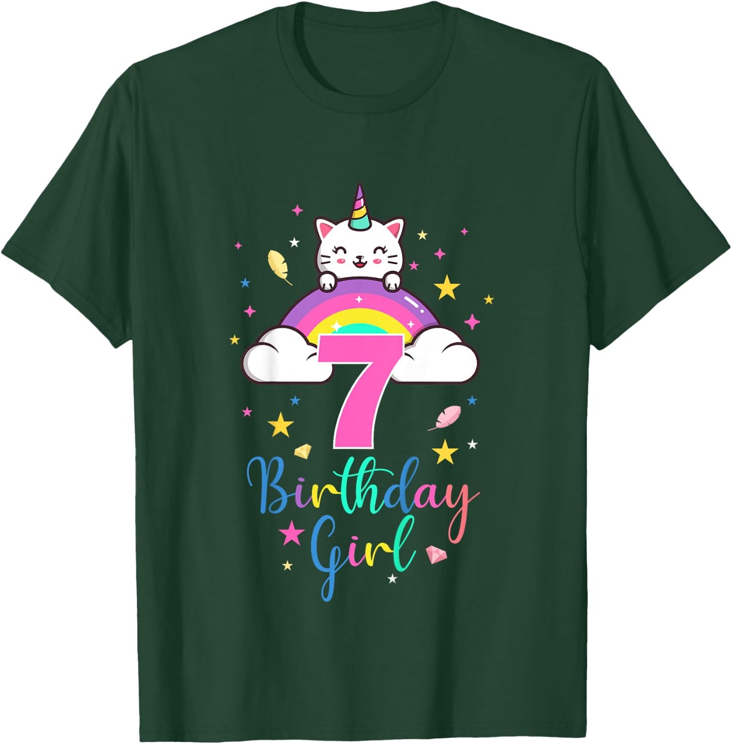 7th Birthday Girl Seven Years Old Birthday Caticorn Rainbow T-Shirt - T-Shirt | Forest