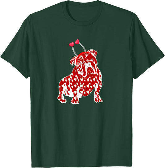 Bulldog Valentine Day Plaid Heart Pattern Dog Headband Heart Women Girls Kids T-Shirt - T-Shirt | Forest