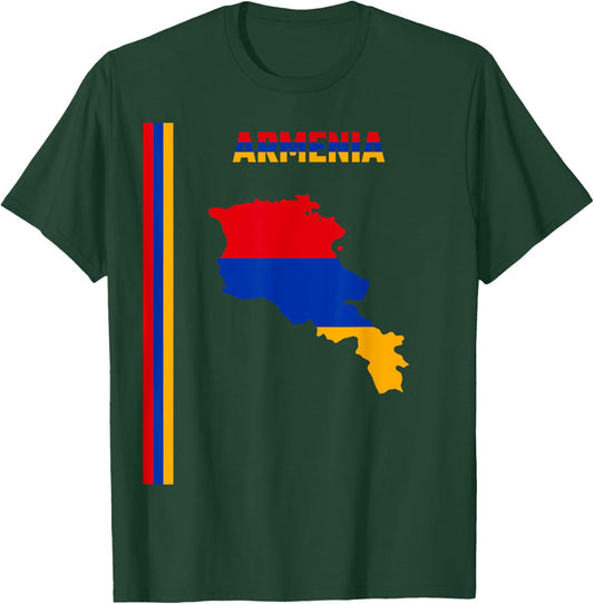 Vertical Armenian Flag, text “ARMENIA” & Silhouette map T-Shirt - T-Shirt | Forest
