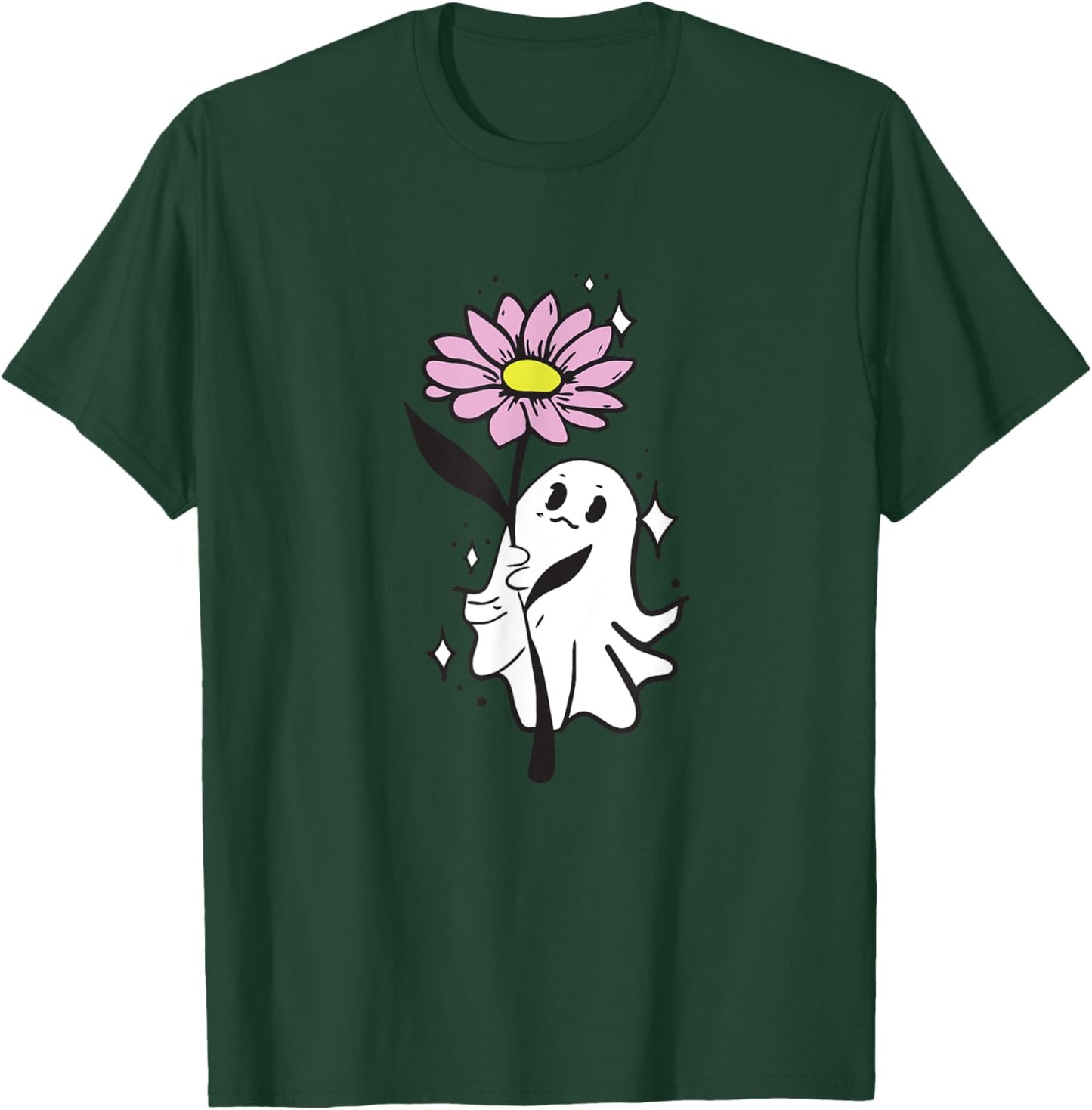 Cute Ghost Holding Flower , Kawaii Ghost Graphic T-Shirt - T-Shirt | Forest