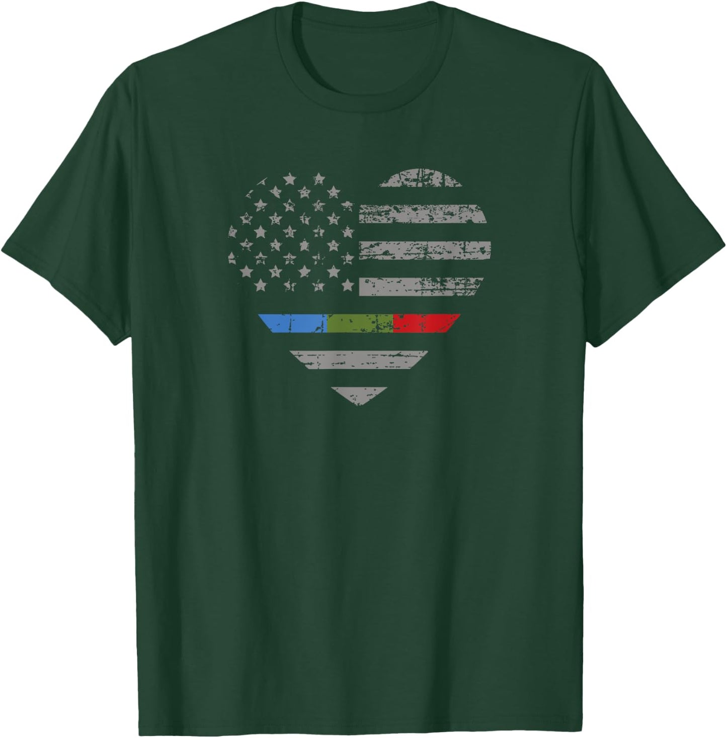 Police Military Fire Thin Blue Green Red Line Flag Heart T-Shirt - T-Shirt | Forest