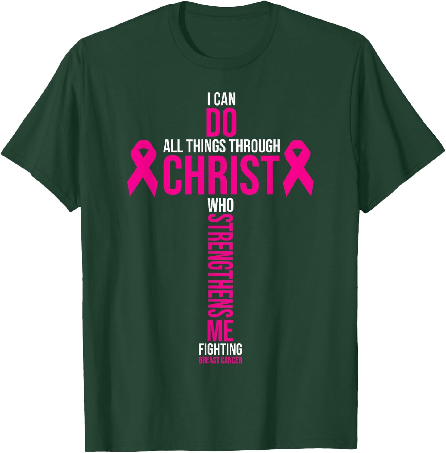 Christian Cross Pink Ribbon Inspirational Breast Cancer Gift T-Shirt - T-Shirt | Forest