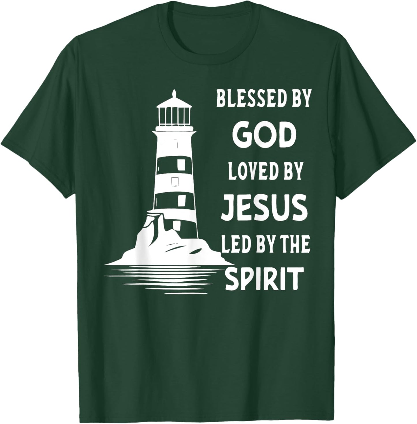 Jesus Shirts Apparel And Accessories - Blessed By God, Loved By Jesus, Led By The Holy Spirit - Christian Lighthouse - -Adults, -Kids - Black - Short Sleeve - Small - Classic Fit T-Shirt - T-Shirt | Forest