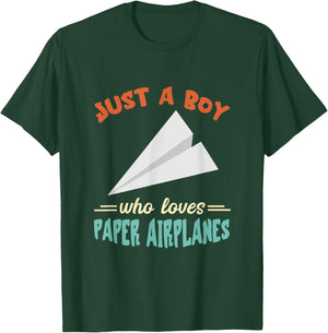 Paper Airplane Just A Boy Aircraft Paper Plane Aviation T-Shirt - T-Shirt | Forest