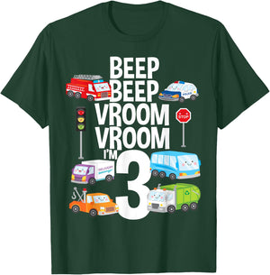 Beep Vroom I'm 3 Trucks Cars Theme Birthday Gift 3 Yrs Old T-Shirt - T-Shirt | Forest