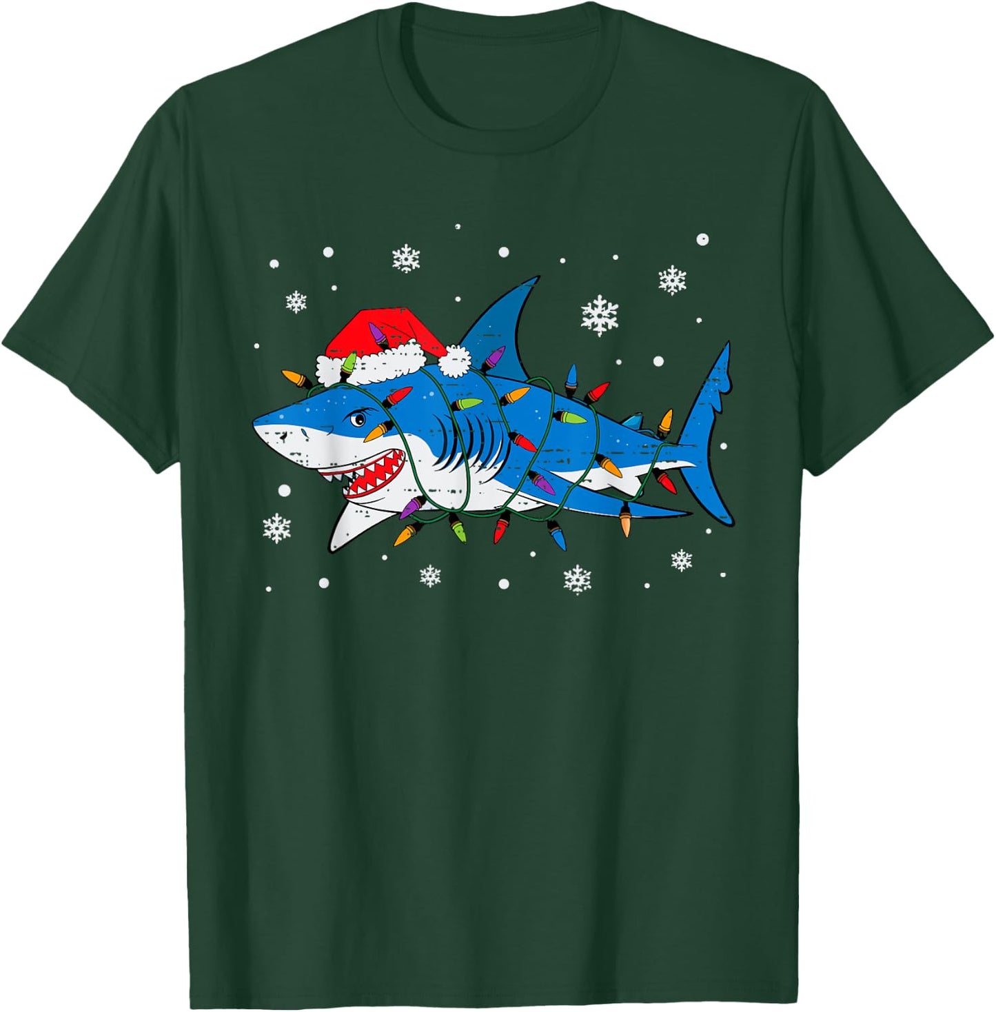 Shark Santa Hat Christmas Lights Xmas Pajama Men Women Kids T-Shirt - T-Shirt | Forest