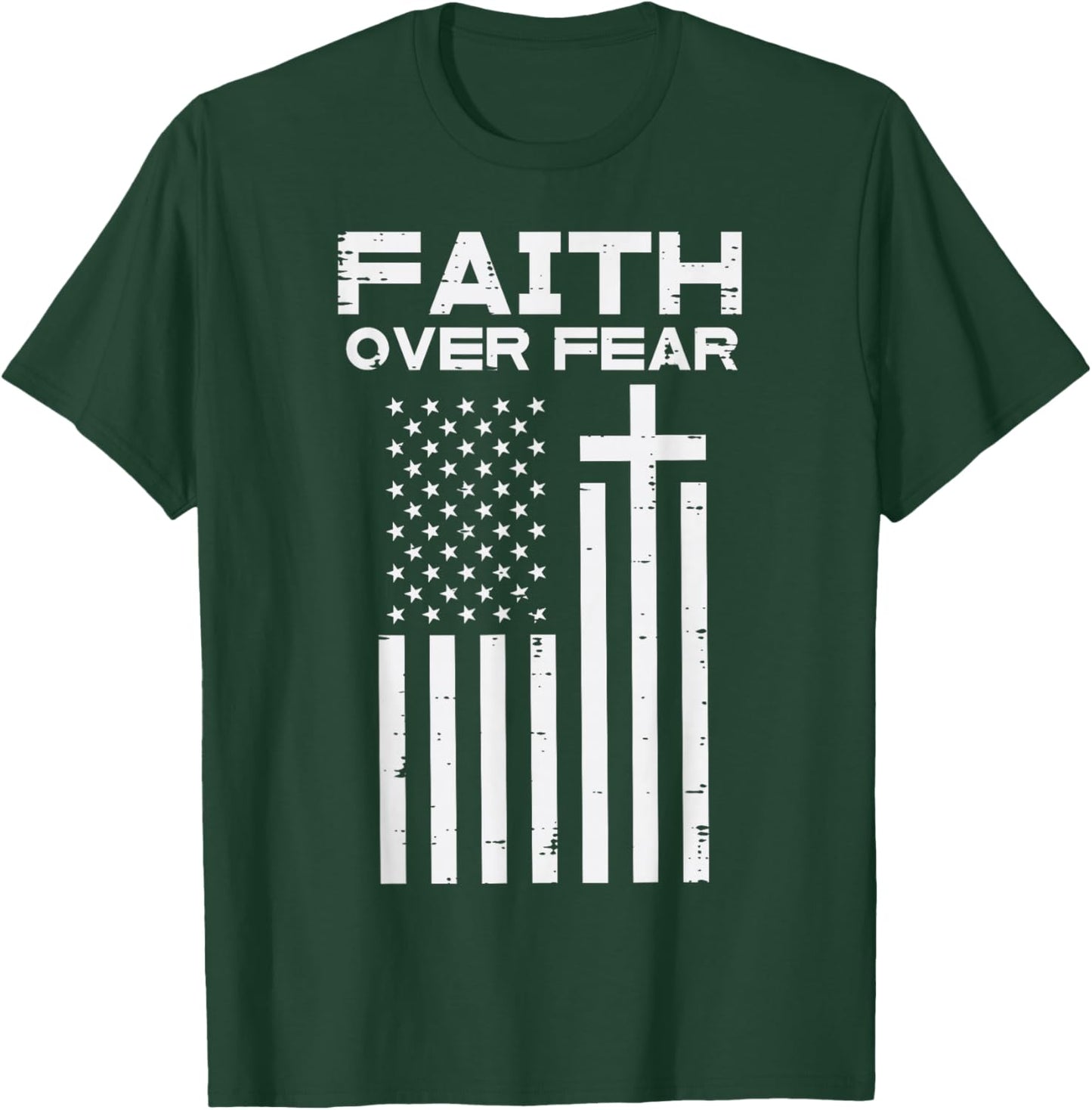 Faith Over Fear US Flag Cross Jesus Christian Men Women Kids T-Shirt - T-Shirt | Forest