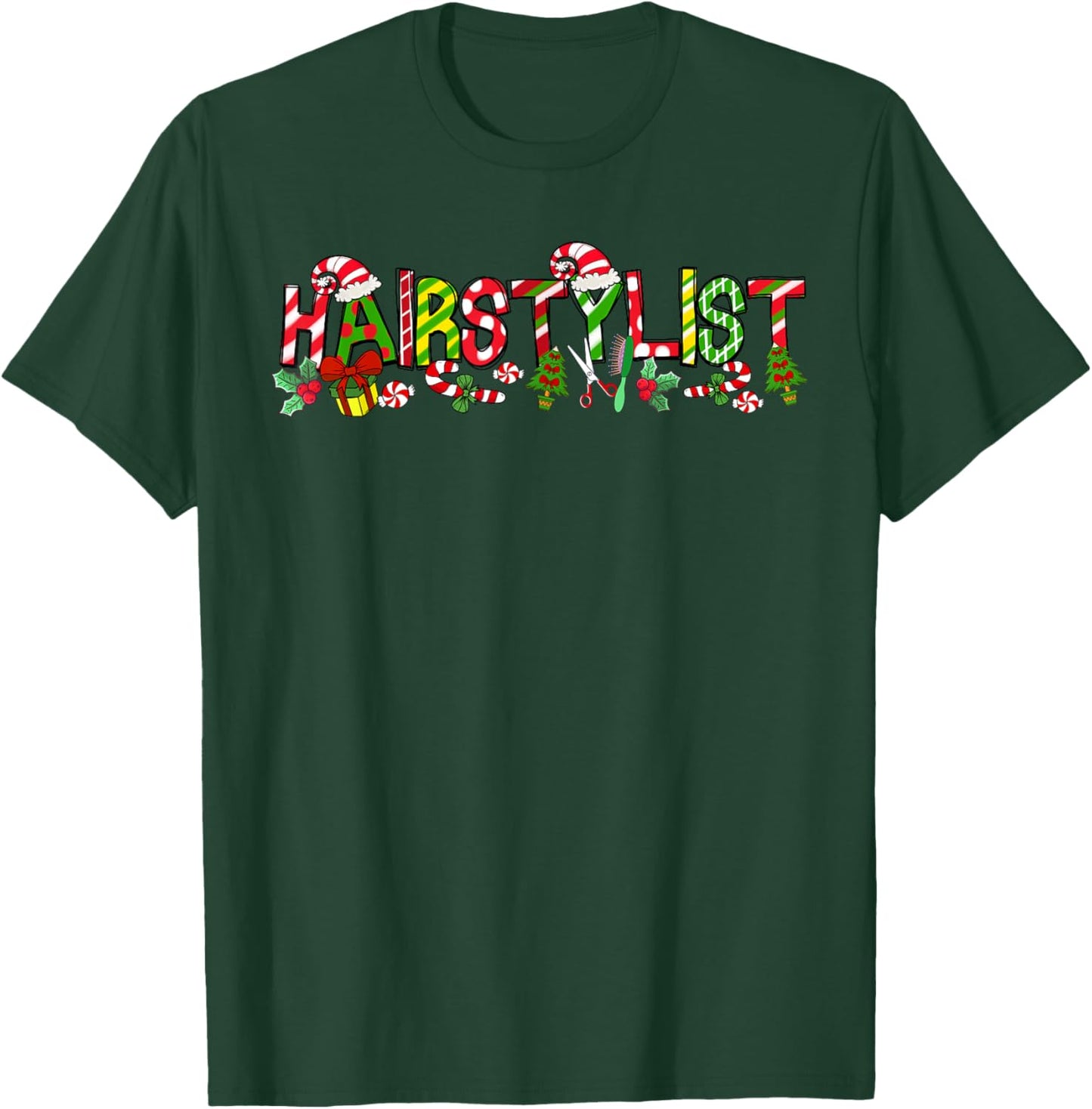 Hairstylist Santa Hat Candy Cane Christmas Funny Xmas T-Shirt - T-Shirt | Forest