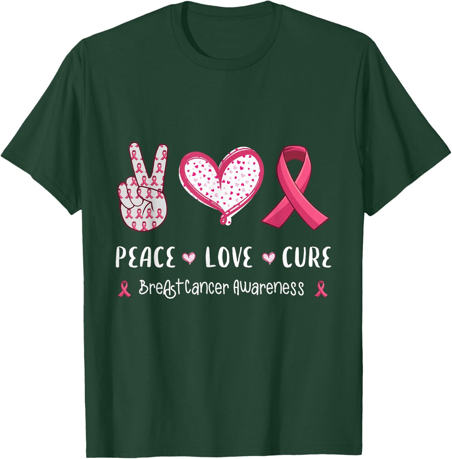 Peace Love cure breast cancer awareness women kids men T-Shirt - T-Shirt | Forest