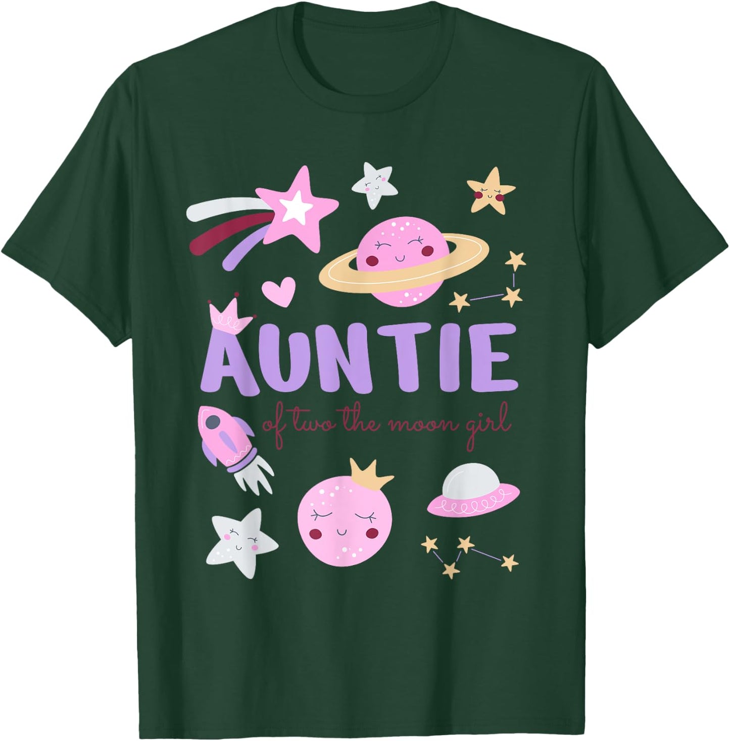 Auntie of Two The Moon Girl Cosmos Stars Space 2nd Birthday T-Shirt - T-Shirt | Forest