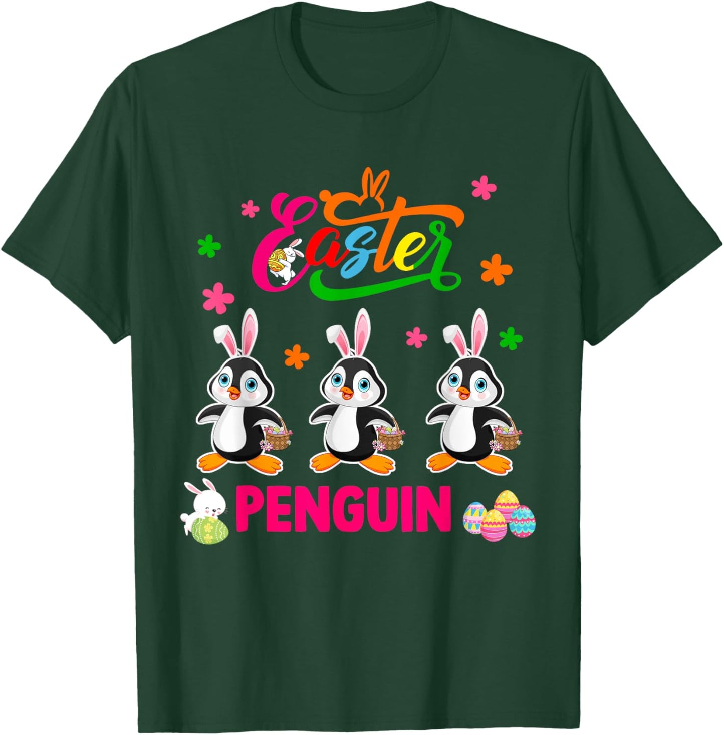 Easter Penguin Three Cute Bunny Penguins Hunting Eggs Basket T-Shirt - T-Shirt | Forest