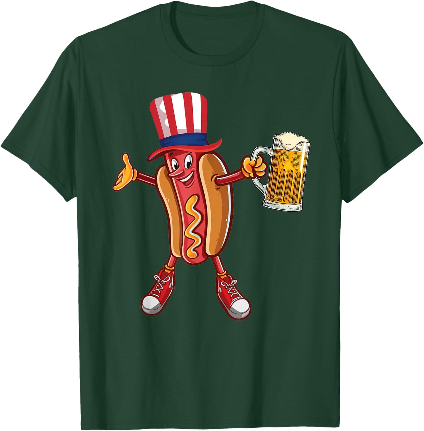 Funny Hot dog US Flag Hat Drinking Beer for 4th of July gift T-Shirt - T-Shirt | Forest