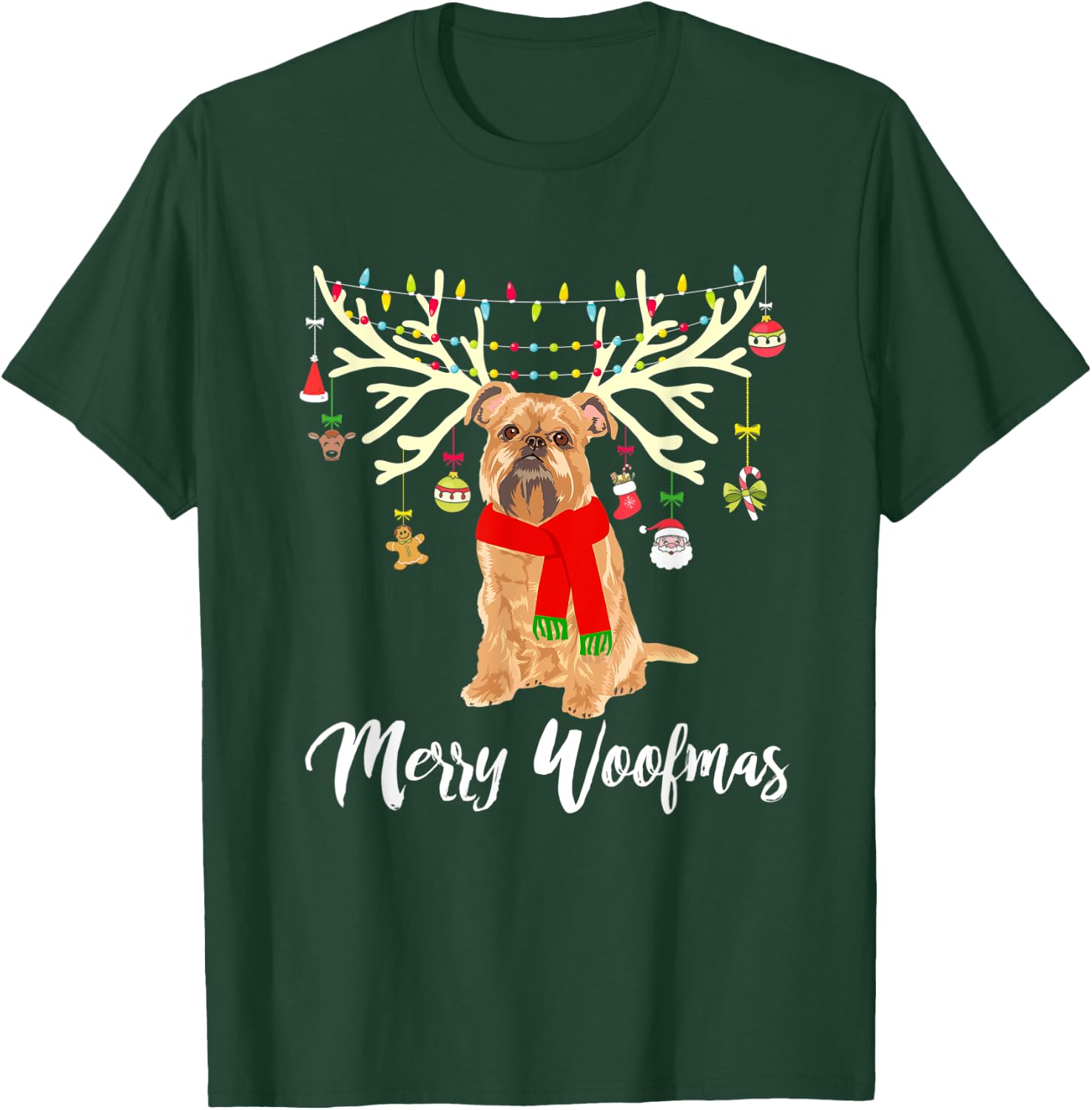 Merry Woofmas Brussels Griffon Reindeer Christmas Dog T-Shirt - T-Shirt | Forest