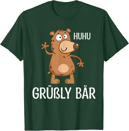 Lustiges Grüßly Bär - Huhu Grüßly Bär Damen Schwarz Cartoon Kurzarm S EU Klein Klassisches Cartoon-Bär mit lockerer Passform und einfachem Manschetten-Design T-Shirt - T-Shirt | Forest