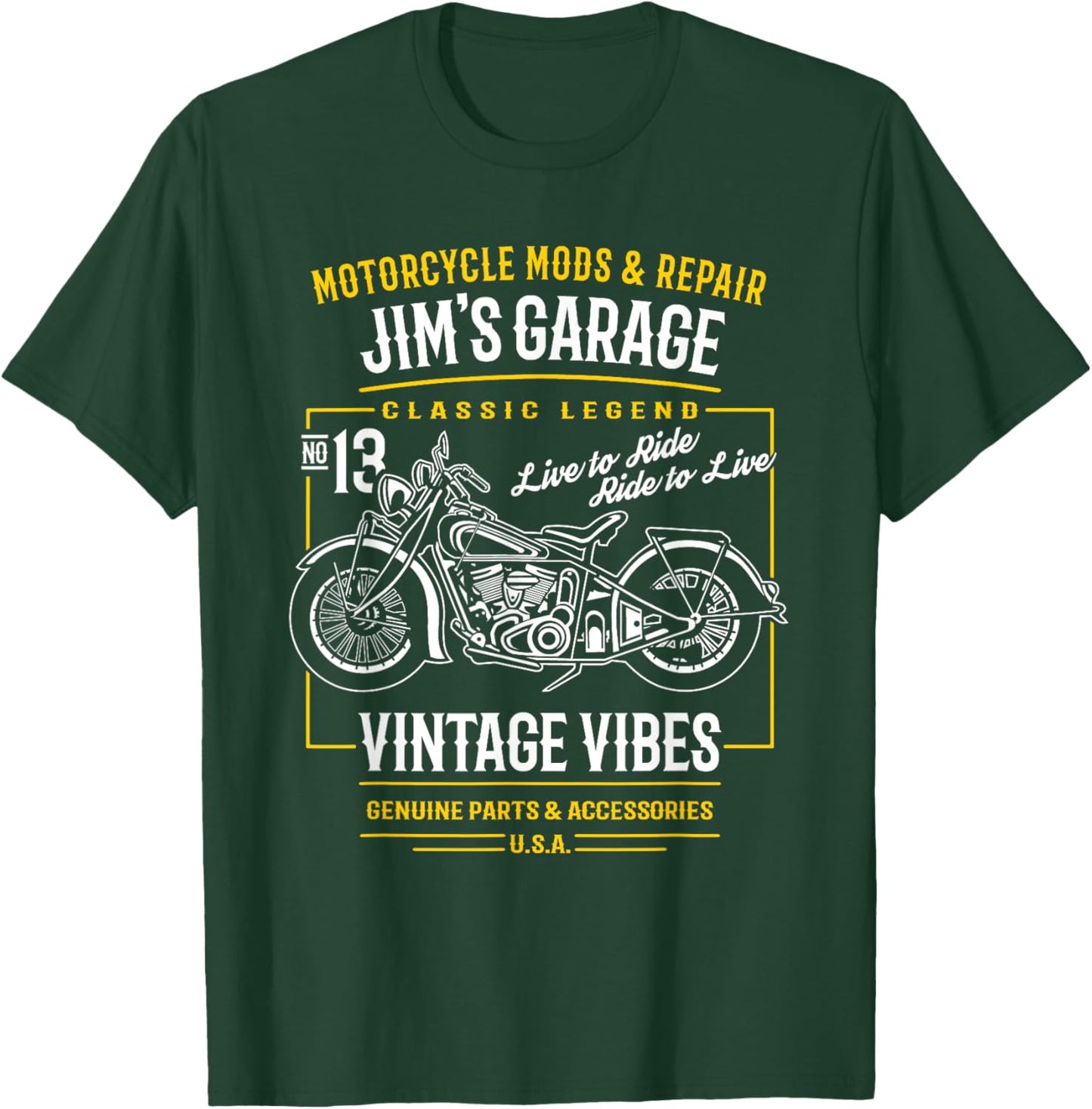 Jim's Garage Vintage Motorcycle Design for the Name Jim T-Shirt - T-Shirt | Forest