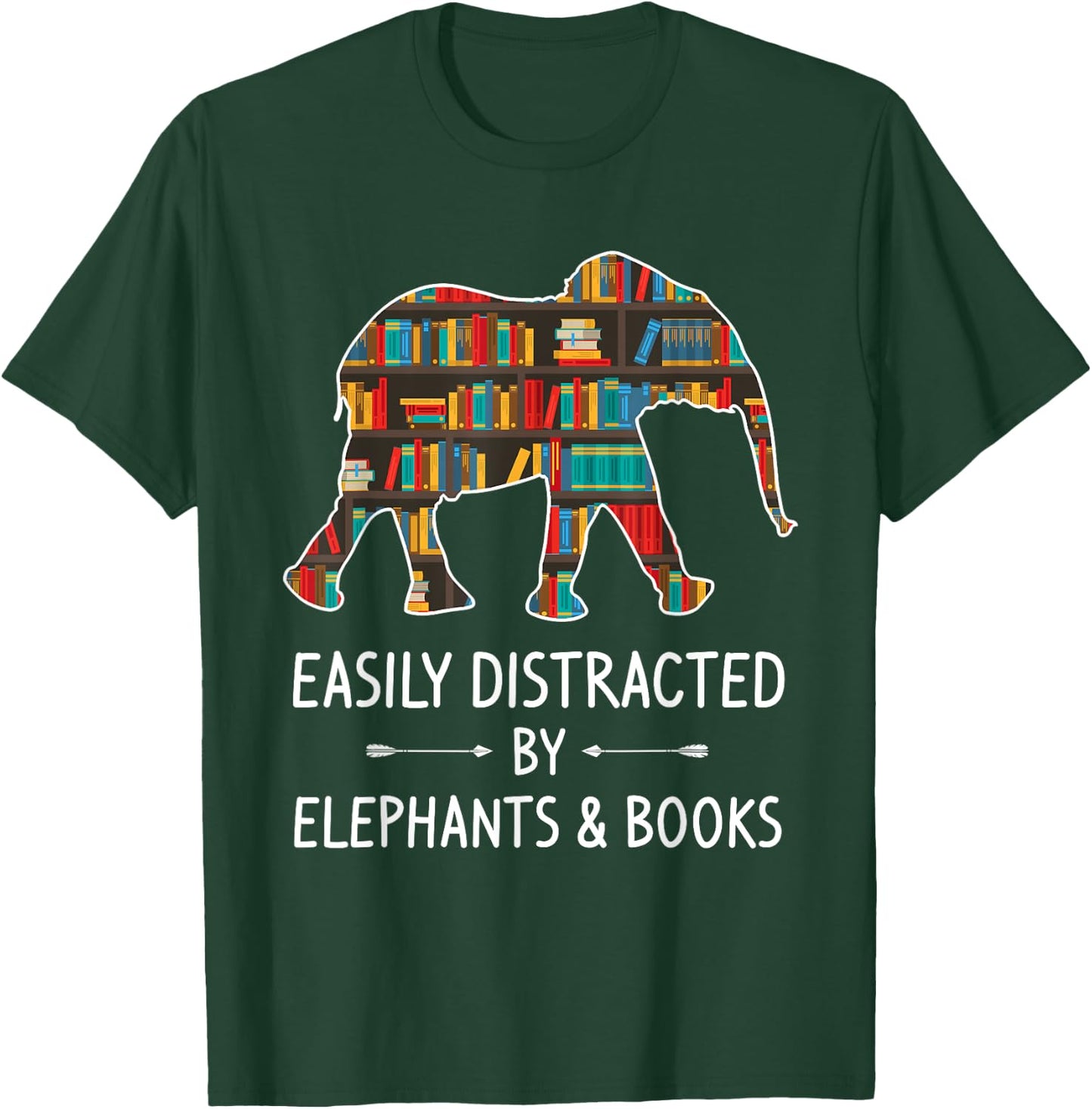Easily Distracted By Elephants & Books Lover Gift Mammoth T-Shirt - T-Shirt | Forest
