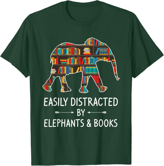Easily Distracted By Elephants & Books Lover Gift Mammoth T-Shirt - T-Shirt | Forest
