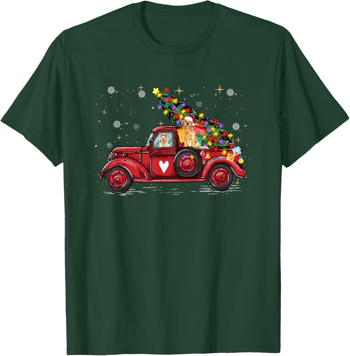 Golden Retriever Dog Love Red Pickup Truck Christmas Men Women Kids T-Shirt - T-Shirt | Forest