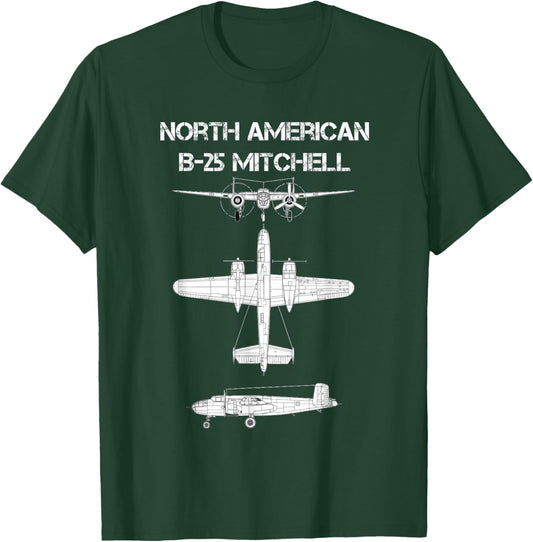 North American B-25 Mitchell WW2 Bomber Airplane Blueprint T-Shirt - T-Shirt | Forest