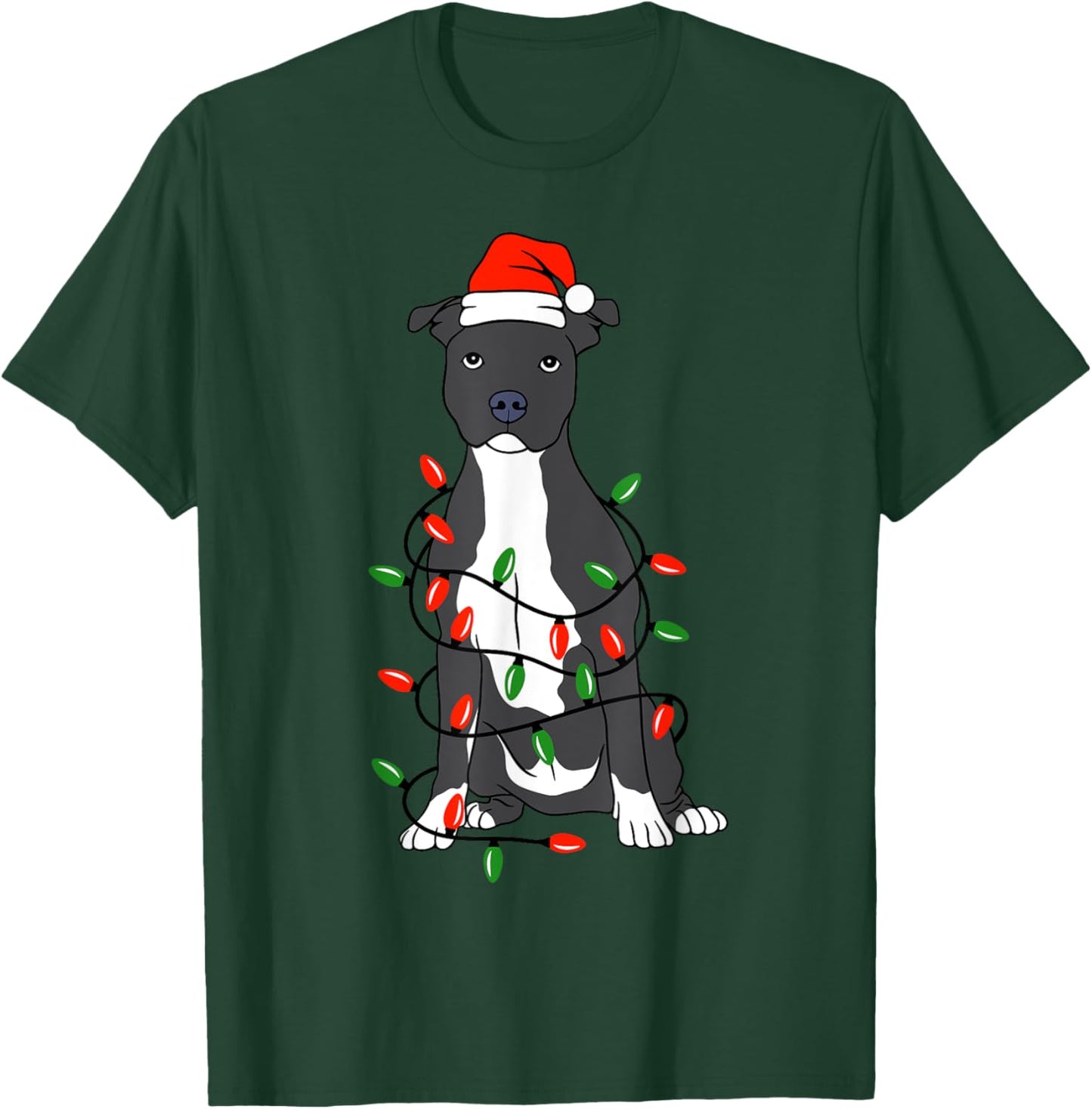 Pittie Pitbull Christmas Santa Hat Lights Xmas Dog Lover T-Shirt - T-Shirt | Forest