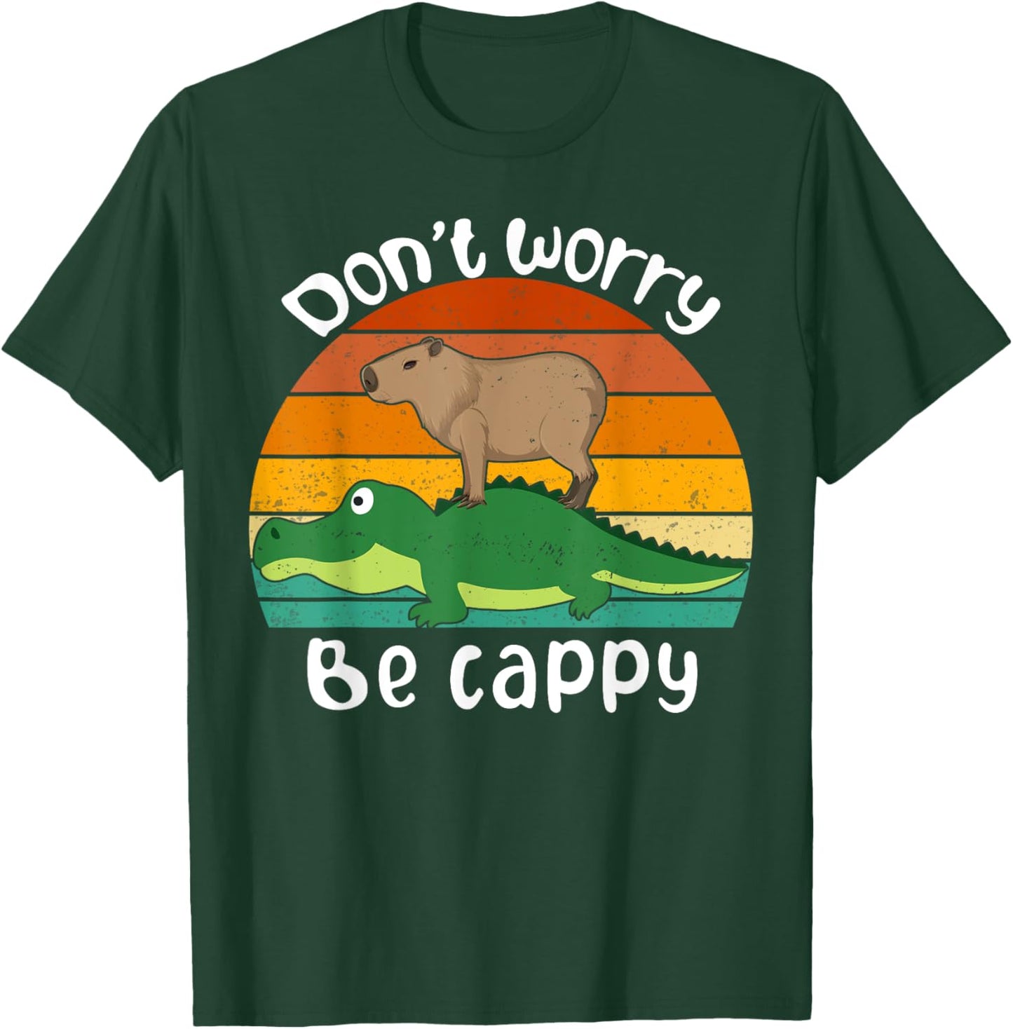 Retro Funny Motivational Capybara Lovers Don't Worry Be Cappy Funny Capybara Riding On A Crocodile -Children & Animal Lovers T-Shirt - T-Shirt | Forest