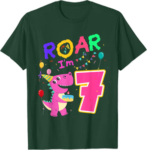 Dino Lover 7th Birthday Dinosaur Girl Party 7 Year Old B-Day T-Shirt - T-Shirt | Forest