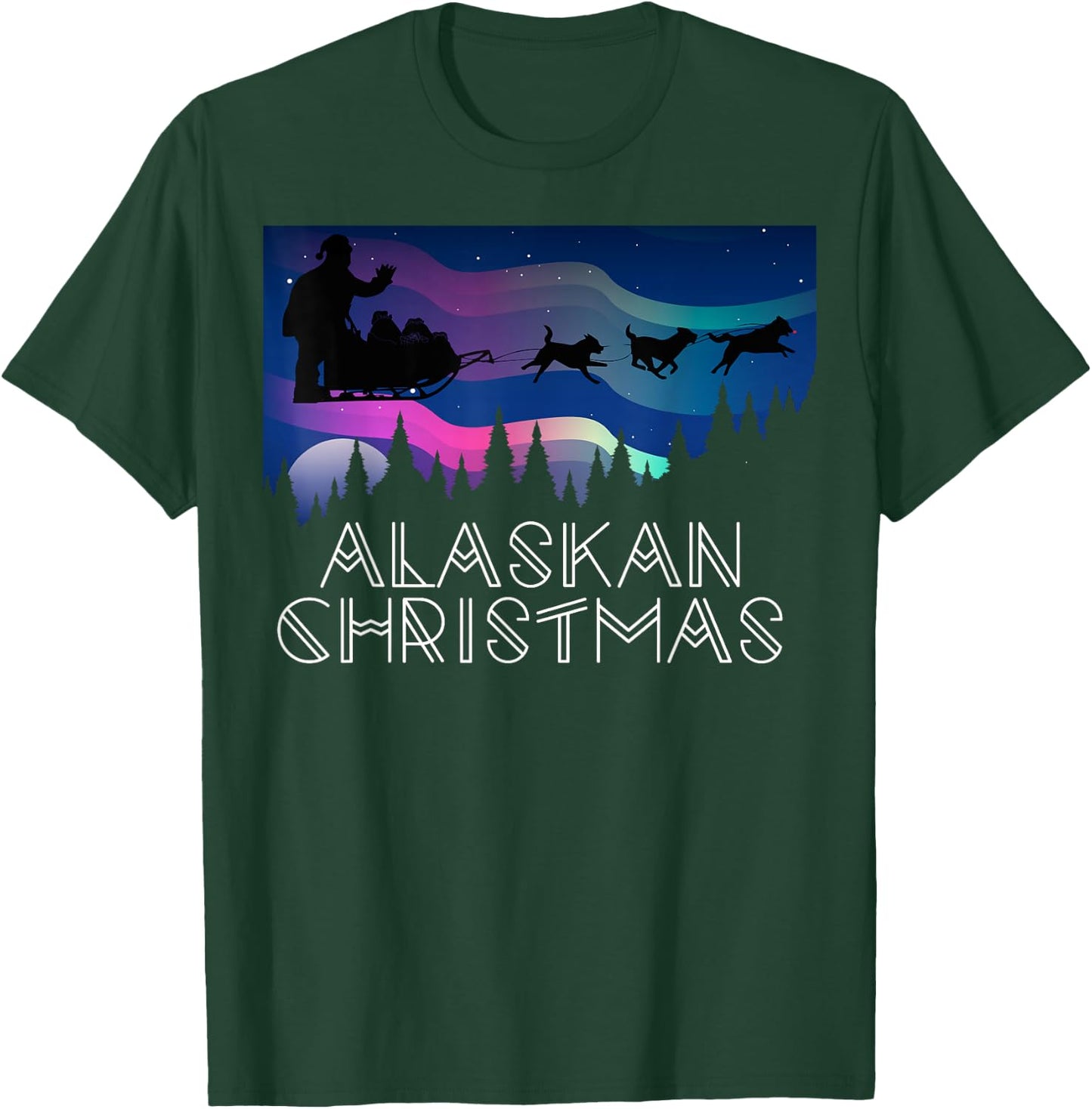 Alaskan Christmas Santa Dog Sled Aurora Borealis Women Kids T-Shirt - T-Shirt | Forest