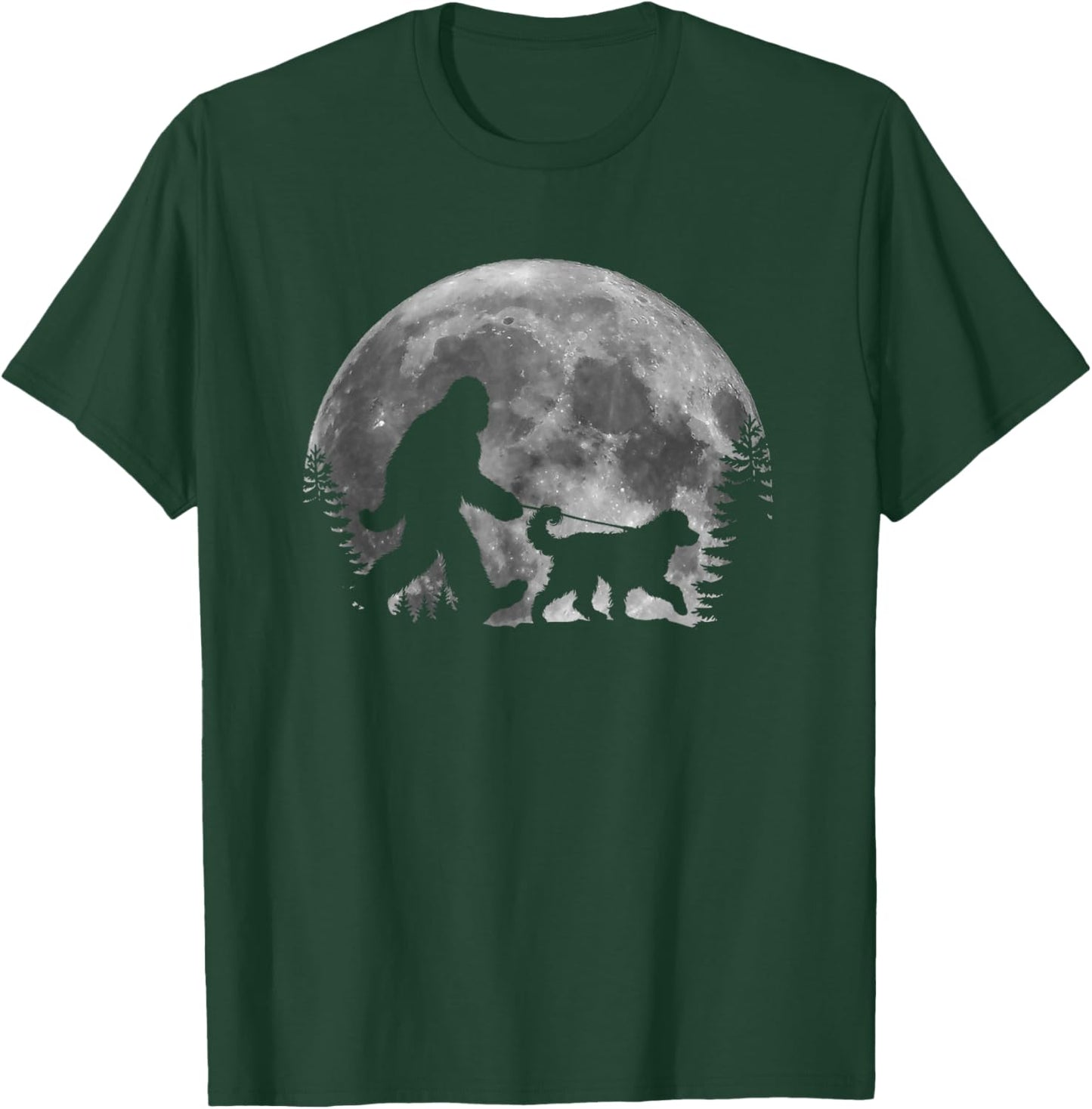 Bigfoot Walking a Dog Funny Bernedoodle Lover Moon Halloween T-Shirt - T-Shirt | Forest