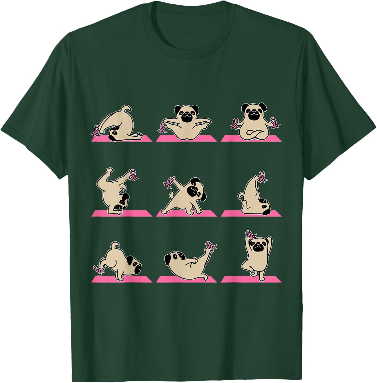 Pug Yoga Pink Ribbon Funny Dog Breast Cancer Awareness Gifts Women Kids T-Shirt - T-Shirt | Forest