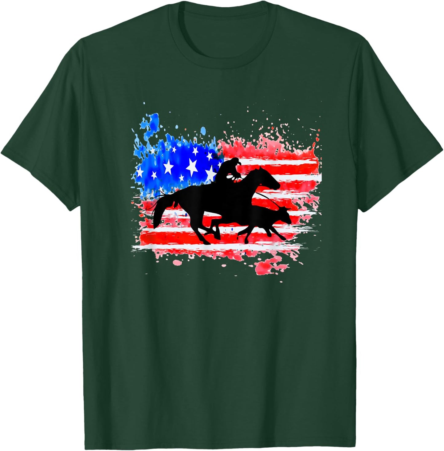 American Flag Cowhorse Horse Calf Roping T-Shirt - T-Shirt | Forest