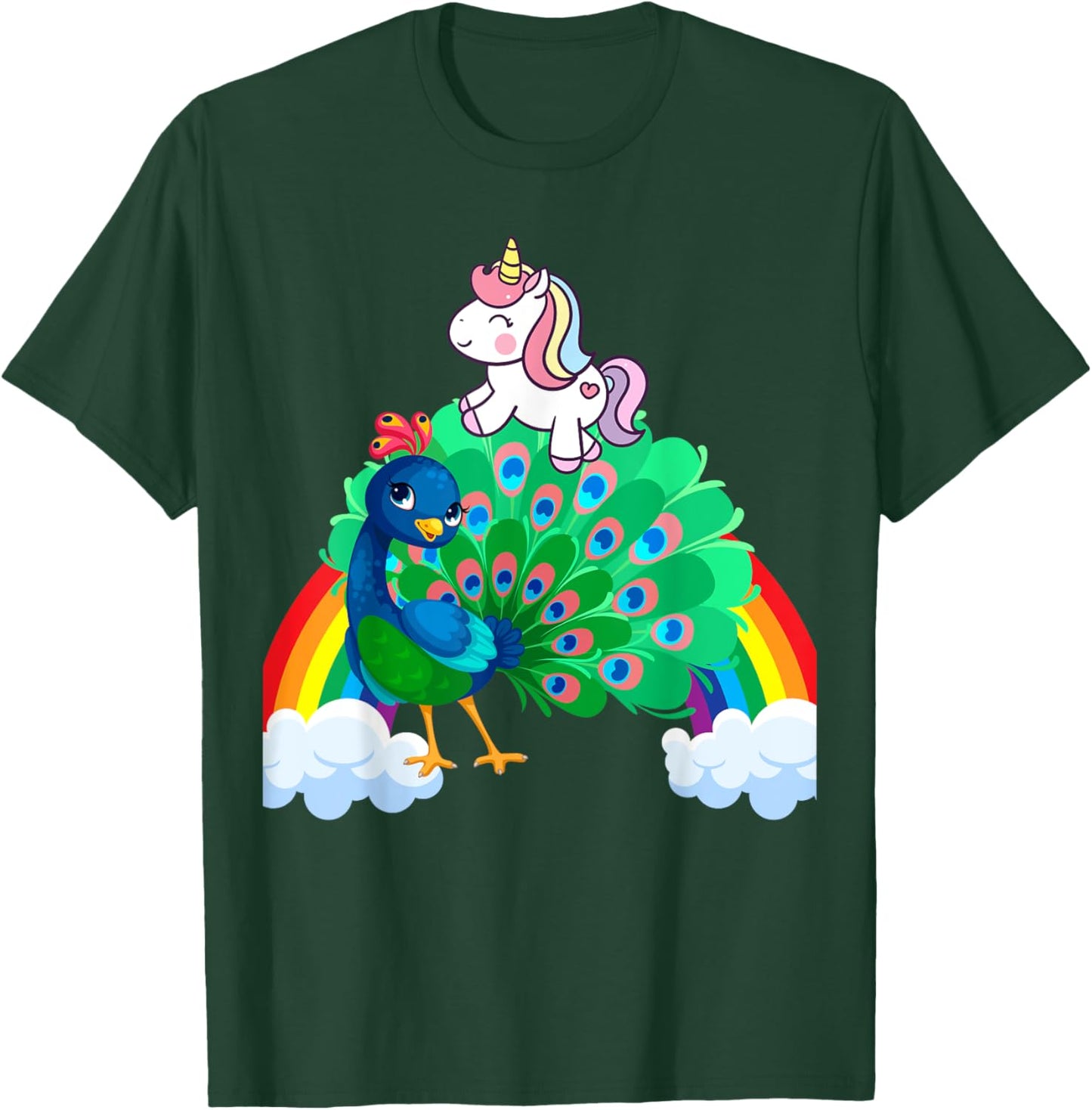 Unicorn Riding Peacock Boys Girls Men Women Kids Rainbow T-Shirt - T-Shirt | Forest