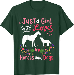 Kids Horse Dog Just A Girl Who Loves Horses And Dogs T-Shirt - T-Shirt | Forest
