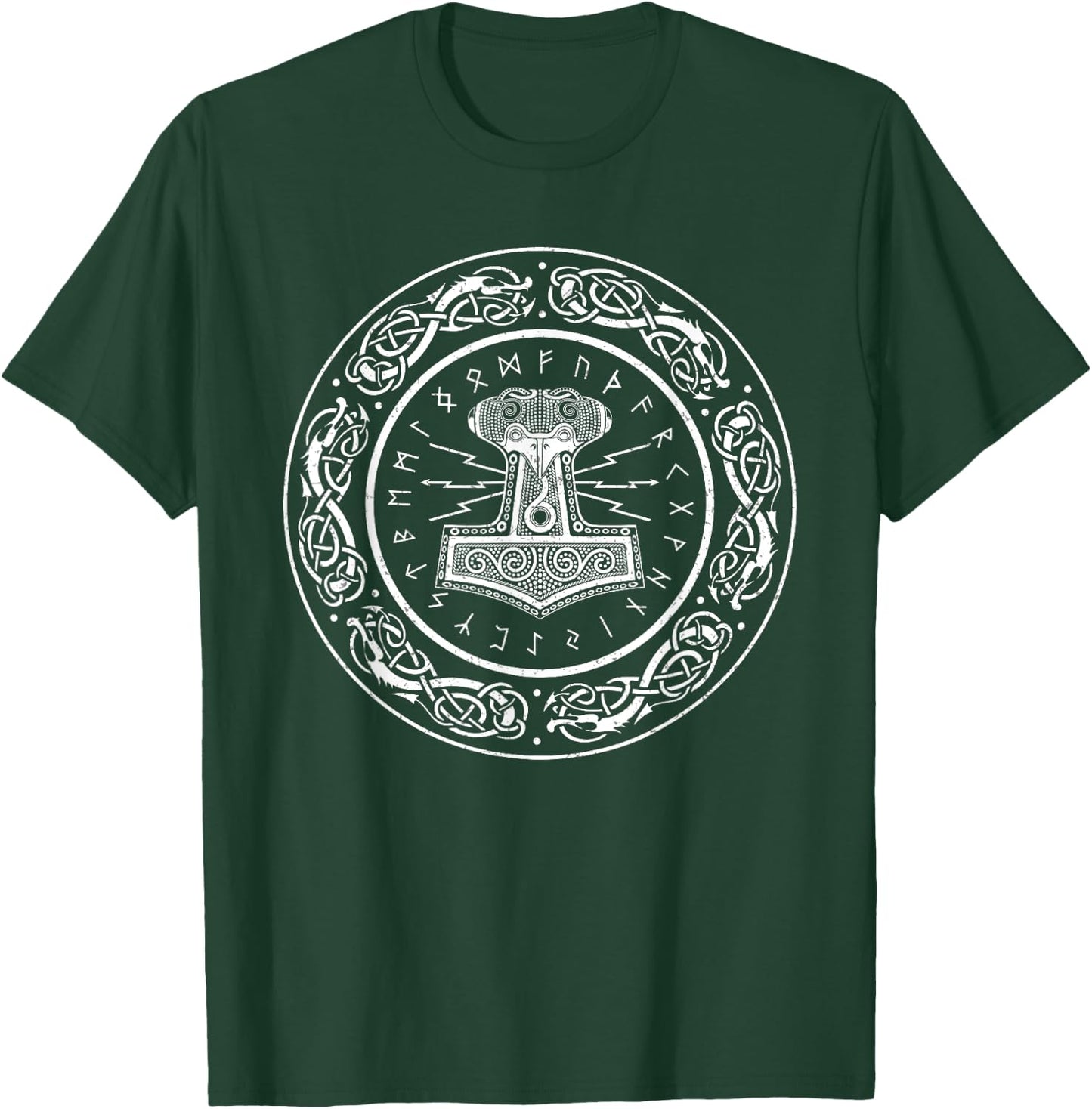 Thor Hammer Mjolnir in Circle of Norse Runes Fenrir Wolf T-Shirt - T-Shirt | Forest