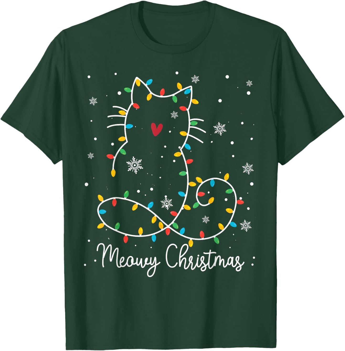 Cute Cat Meowy Christmas Light Cat Lover Mom Dad Merry Xmas Men Women Kids T-Shirt - T-Shirt | Forest