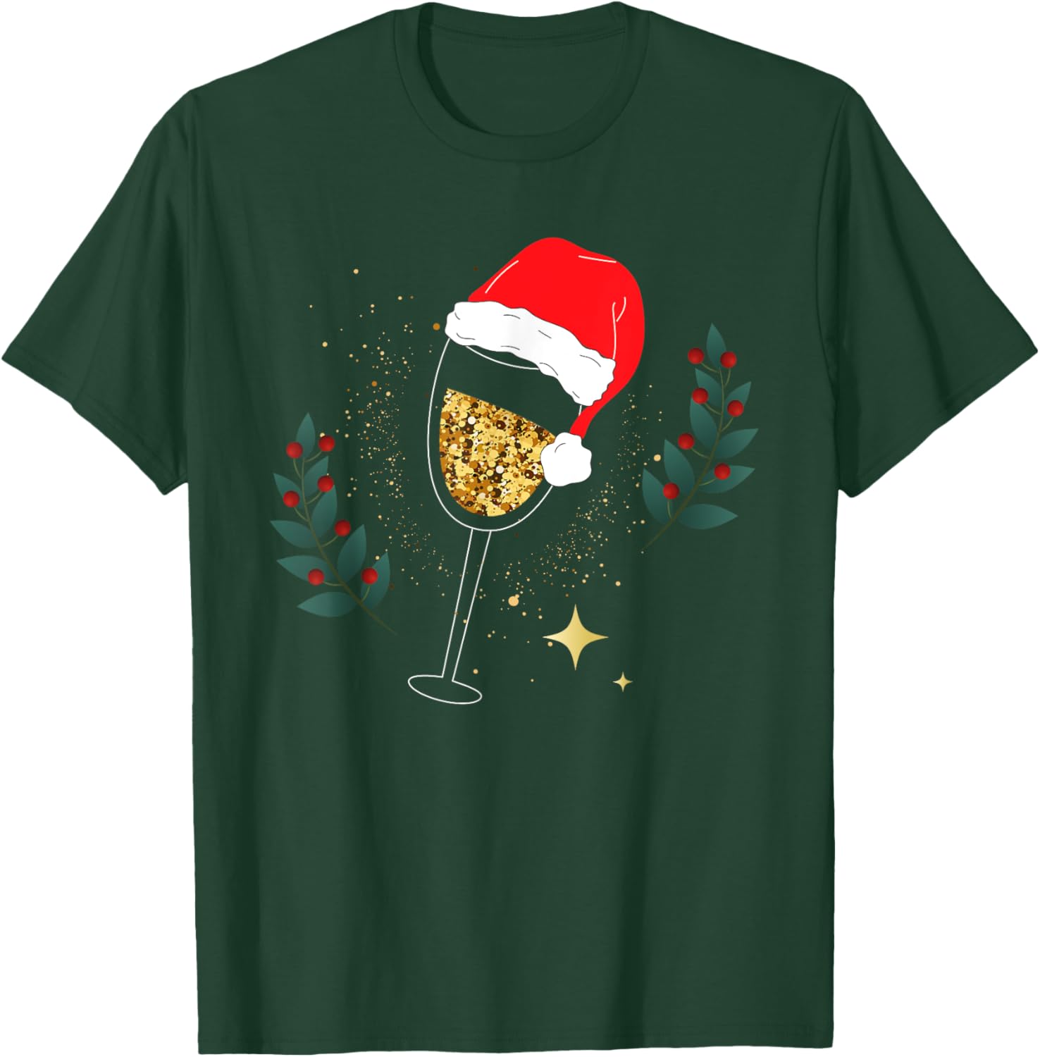 Christmas Champagne Santa Hat Glass Drink T-Shirt - T-Shirt | Forest