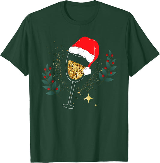 Christmas Champagne Santa Hat Glass Drink T-Shirt - T-Shirt | Forest