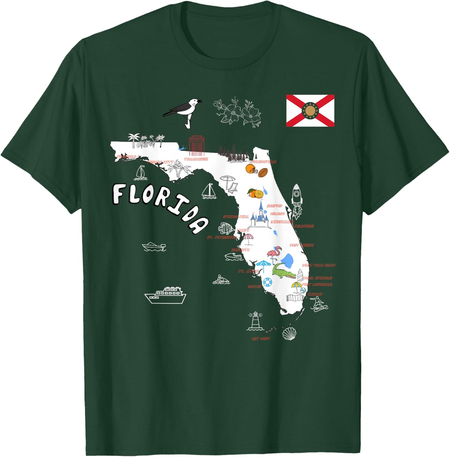Florida State Map tourist attractions cities flag T-Shirt - T-Shirt | Forest