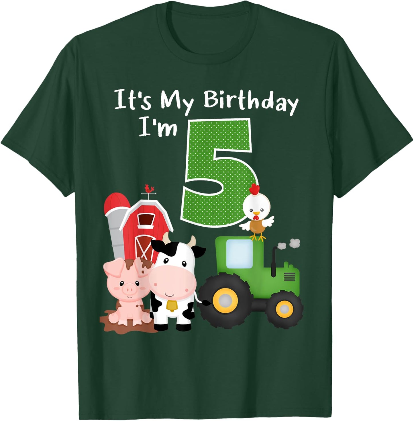 Farm Barnyard Animals Tractor 5th Birthday 5 Year Old Bday T-Shirt - T-Shirt | Forest