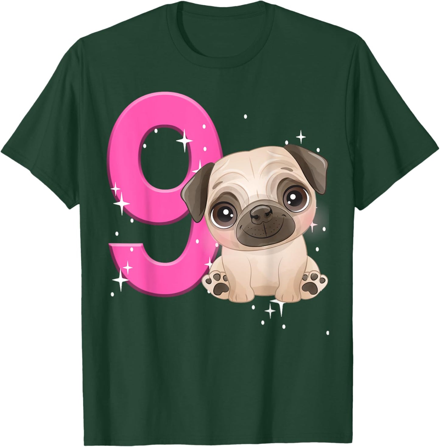 9th Birthday Girl Pug Dog Birthday Shirt Party Pug Kids Nine T-Shirt - T-Shirt | Forest