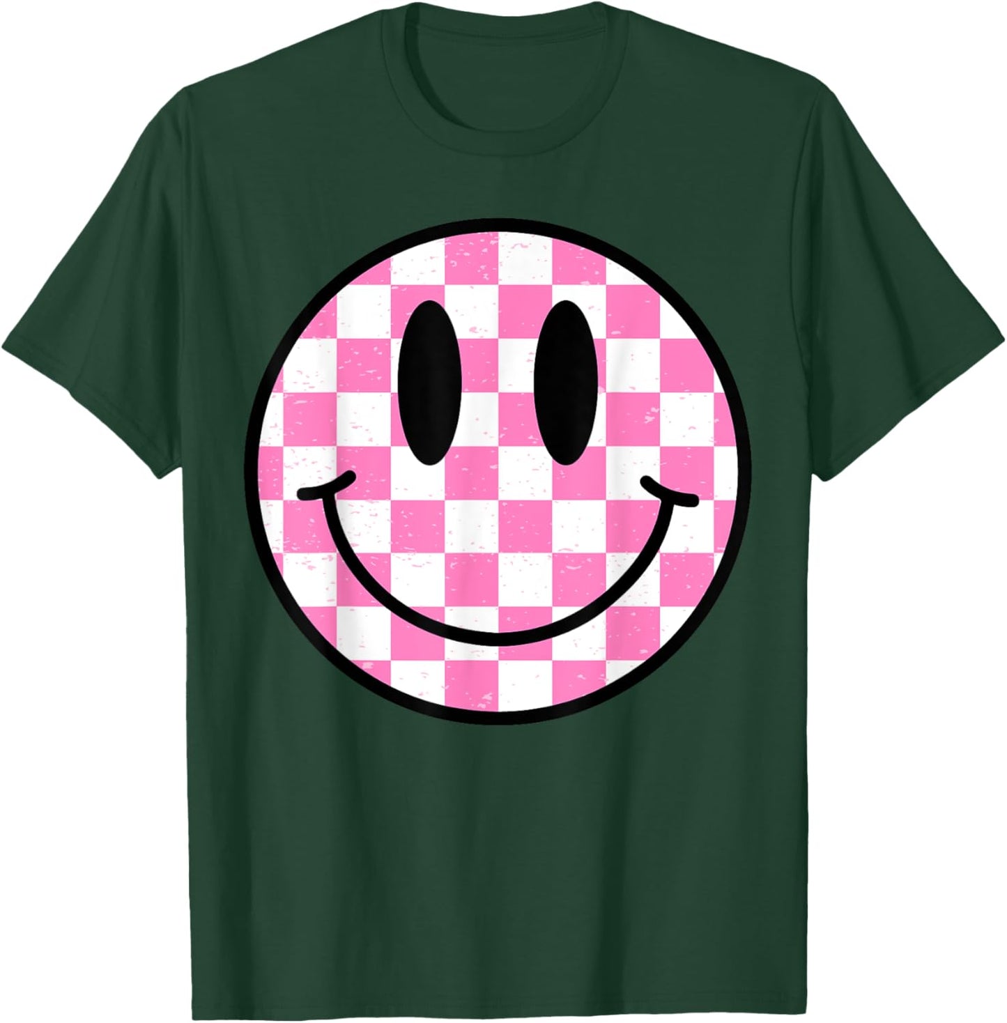 Pink Happy Face Checkered Pattern Smile Face Trendy Smiling T-Shirt - T-Shirt | Forest