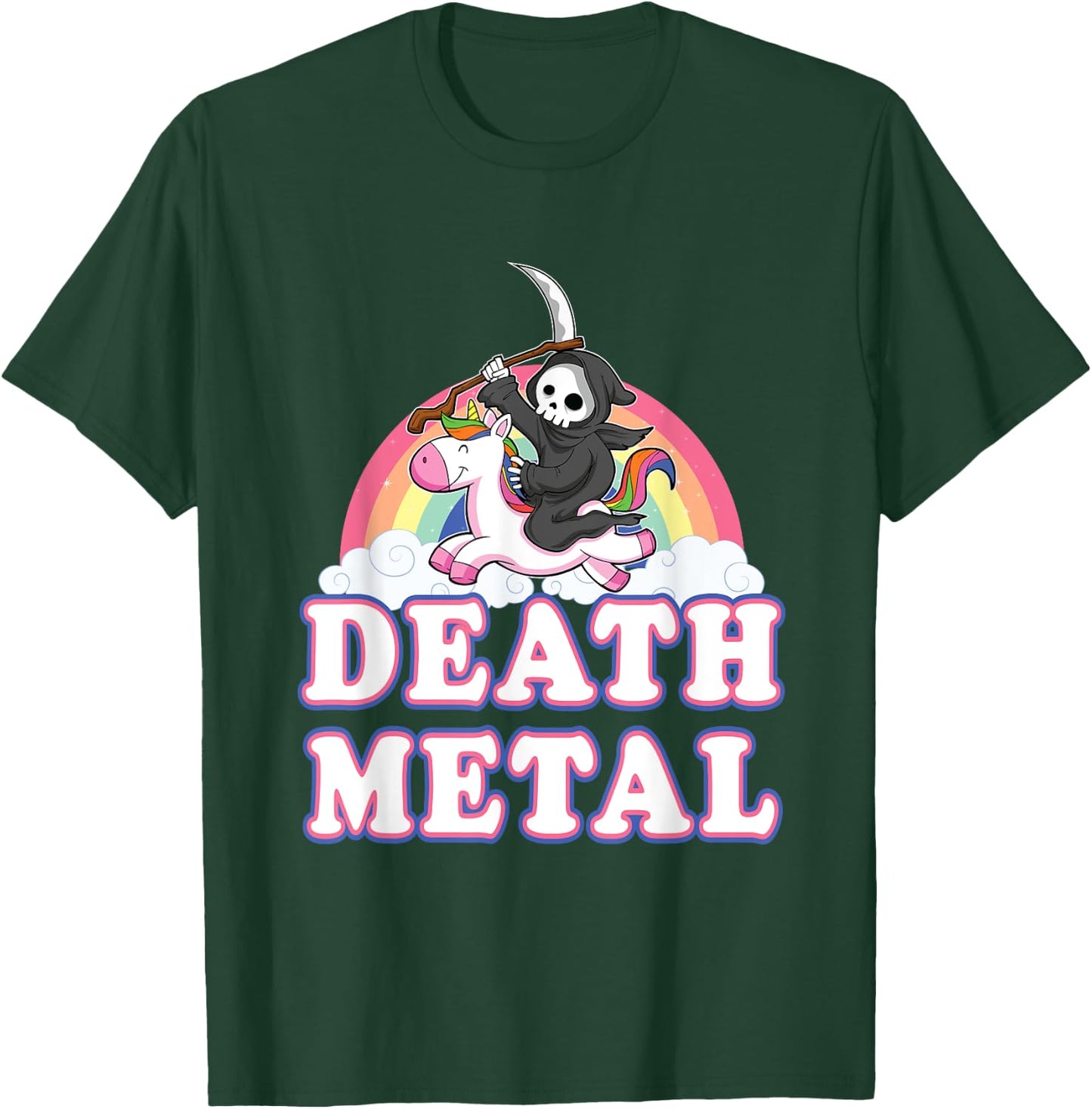 Death Metal Rock Music Rainbow Grim Reaper Riding Unicorn T-Shirt - T-Shirt | Forest
