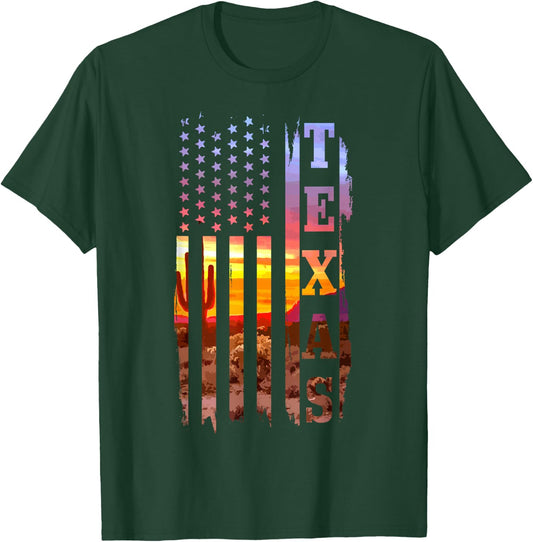 Texas American Flag Pride Landscape Cactus T-Shirt - T-Shirt | Forest