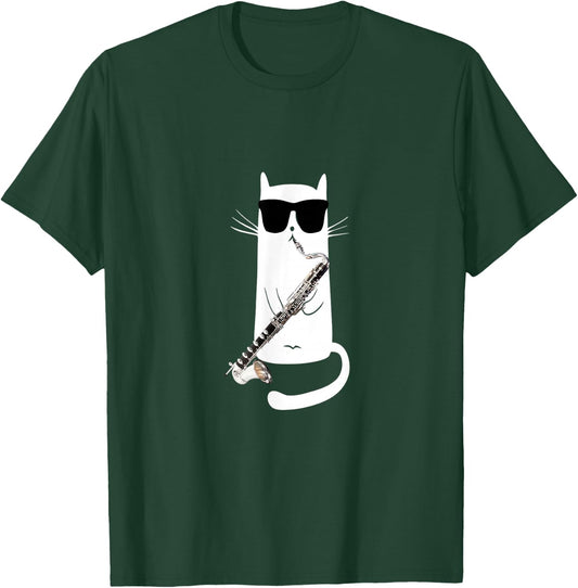 Funny Cat Wearing Sunglasses Playing Bass Clarinet T-Shirt - T-Shirt | Forest