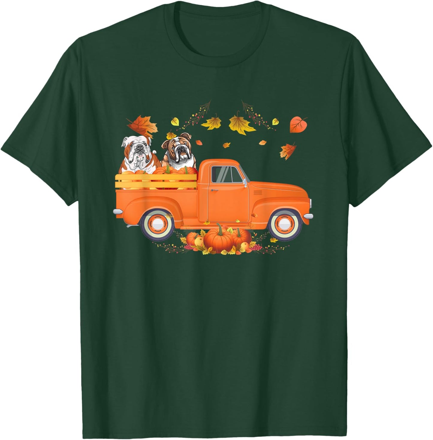 Bulldog Pumpkin Truck Fall Leaf Thanksgiving Halloween Men Women Kids T-Shirt - T-Shirt | Forest