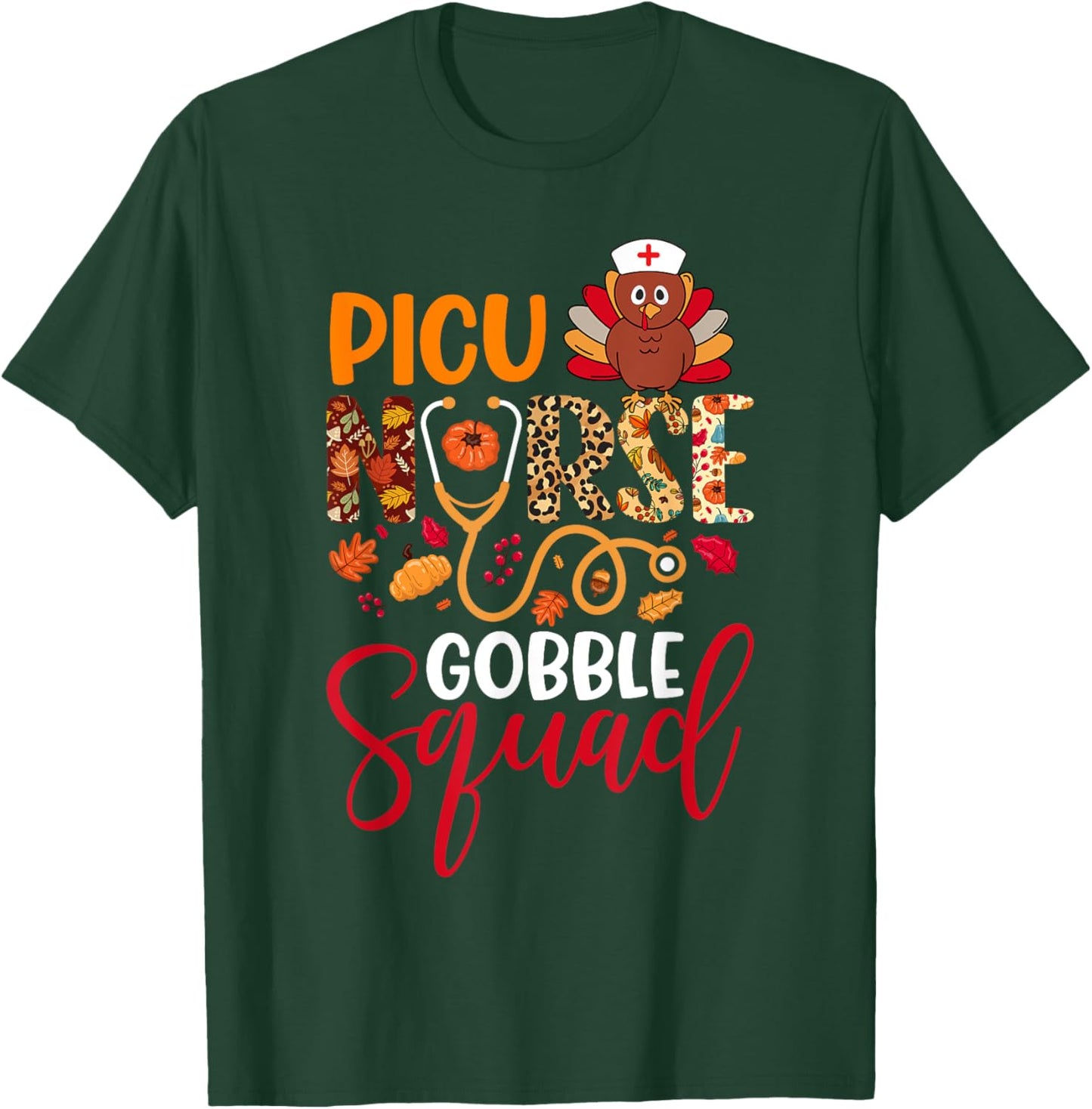 PICU Nurse Gobble Squad Thanksgiving Leopard Matching Family T-Shirt - T-Shirt | Forest